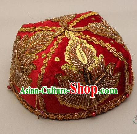 Chinese Traditional Uyghur Minority Boys Embroidered Beads Red Hat Ethnic Xinjiang Stage Show Headwear for Kids