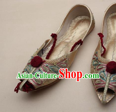 Asian India Traditional National Embroidered Golden Shoes Handmade Indian Folk Dance Shoes for Women