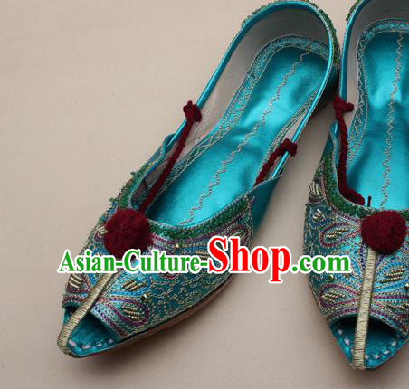 Asian India Traditional National Embroidered Lake Green Shoes Handmade Indian Folk Dance Shoes for Women