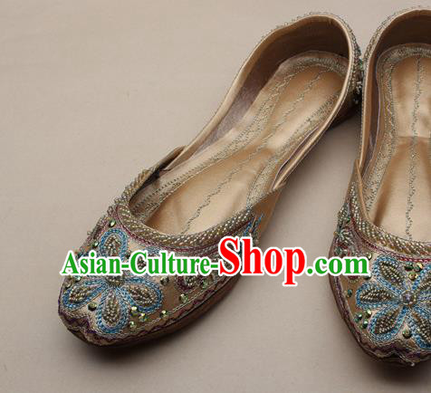 Asian India National Embroidered Golden Leather Shoes Handmade Indian Traditional Folk Dance Shoes for Women