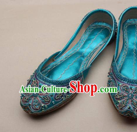 Asian India National Embroidered Lake Blue Leather Shoes Handmade Indian Traditional Folk Dance Shoes for Women