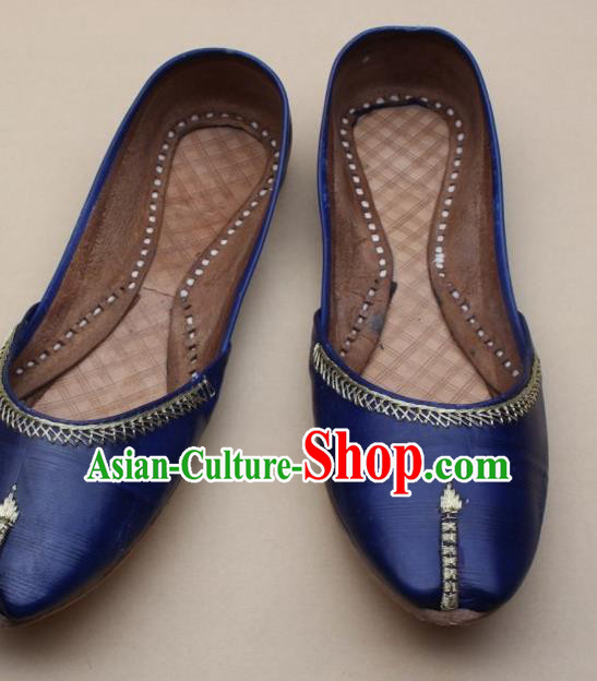 Asian Nepal National Handmade Deep Blue Leather Shoes Indian Traditional Folk Dance Shoes for Women