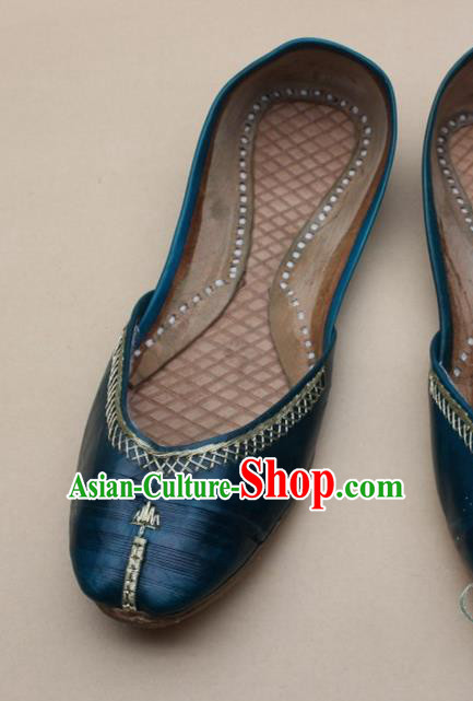 Asian Nepal National Handmade Lake Blue Leather Shoes Indian Traditional Folk Dance Shoes for Women