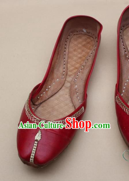 Asian Nepal National Handmade Red Leather Shoes Indian Traditional Folk Dance Shoes for Women