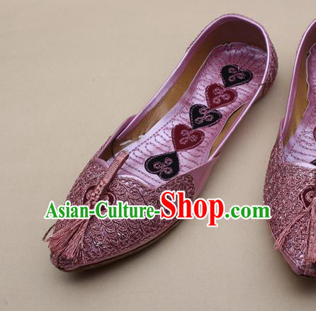 Asian Nepal National Handmade Pink Embroidered Shoes Indian Traditional Folk Dance Leather Shoes for Women