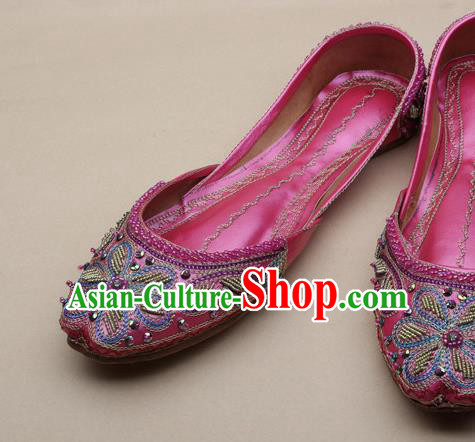 Asian India National Embroidered Peach Pink Leather Shoes Handmade Indian Traditional Folk Dance Shoes for Women