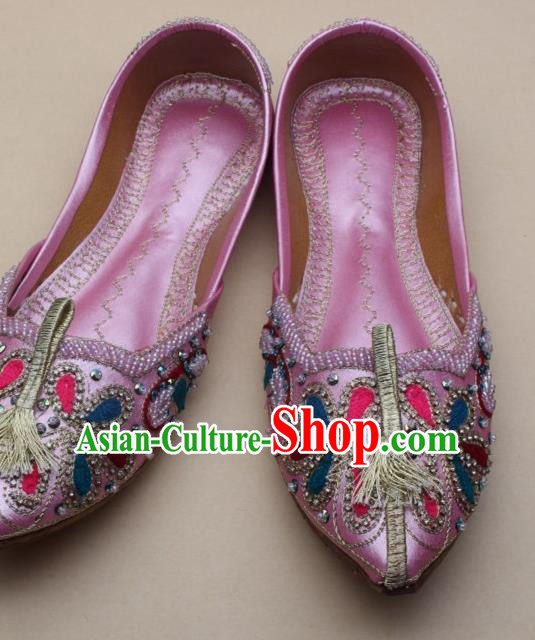 Asian Nepal National Handmade Embroidered Pink Shoes Indian Traditional Folk Dance Leather Shoes for Women