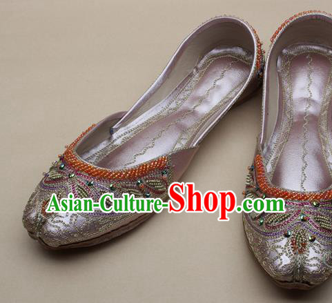 Asian Nepal National Handmade Beaded Light Pink Leather Shoes Indian Traditional Folk Dance Shoes for Women