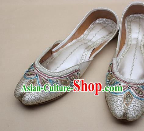 Asian Nepal National Handmade Beaded Champagne Leather Shoes Indian Traditional Folk Dance Shoes for Women