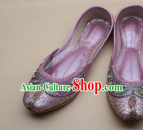 Asian Nepal National Handmade Beaded Pink Leather Shoes Indian Traditional Folk Dance Shoes for Women