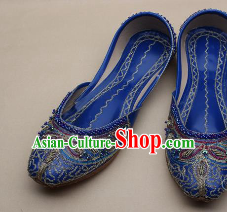 Asian Nepal National Handmade Beaded Deep Blue Leather Shoes Indian Traditional Folk Dance Shoes for Women