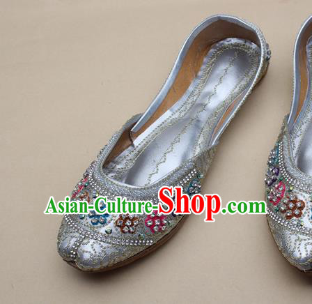 Asian Nepal National Light Grey Leather Shoes Handmade Indian Traditional Folk Dance Shoes for Women