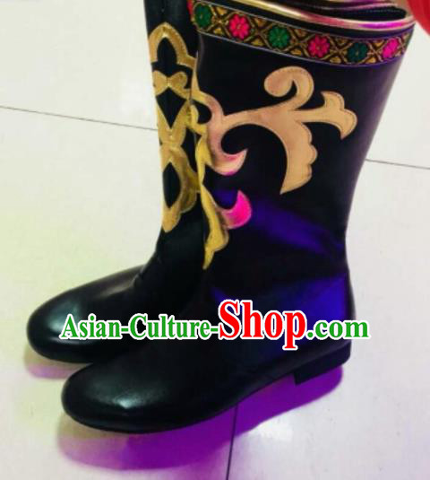 Chinese Traditional Uyghur Minority Black Boots Ethnic Xinjiang Folk Dance Stage Show Shoes for Men
