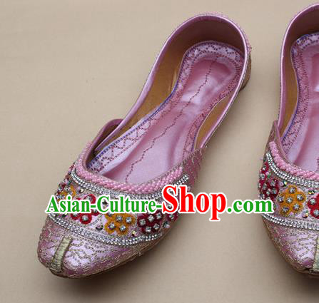 Asian Nepal National Pink Leather Shoes Handmade Indian Traditional Folk Dance Shoes for Women