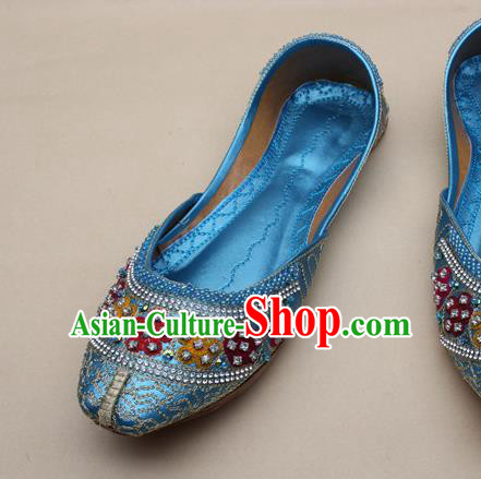 Asian Nepal National Blue Leather Shoes Handmade Indian Traditional Folk Dance Shoes for Women