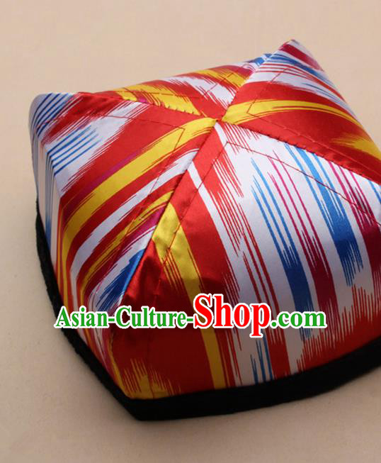 Handmade Chinese Traditional Uyghur Minority Red Silk Hat Ethnic Nationality Folk Dance Headwear for Women