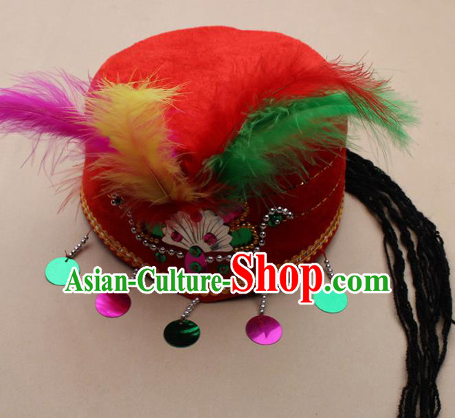 Handmade Chinese Traditional Uyghur Minority Feather Red Silk Hat Ethnic Nationality Folk Dance Headwear for Women