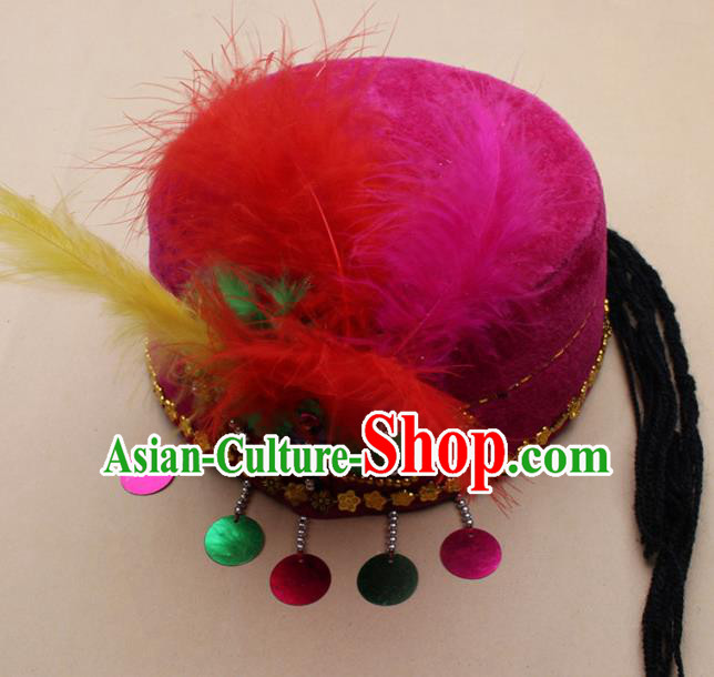 Handmade Chinese Traditional Uyghur Minority Feather Rosy Silk Hat Ethnic Nationality Folk Dance Headwear for Women