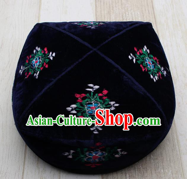 Chinese Traditional Uyghur Minority Embroidered Navy Hat Ethnic Xinjiang Folk Dance Headwear for Men