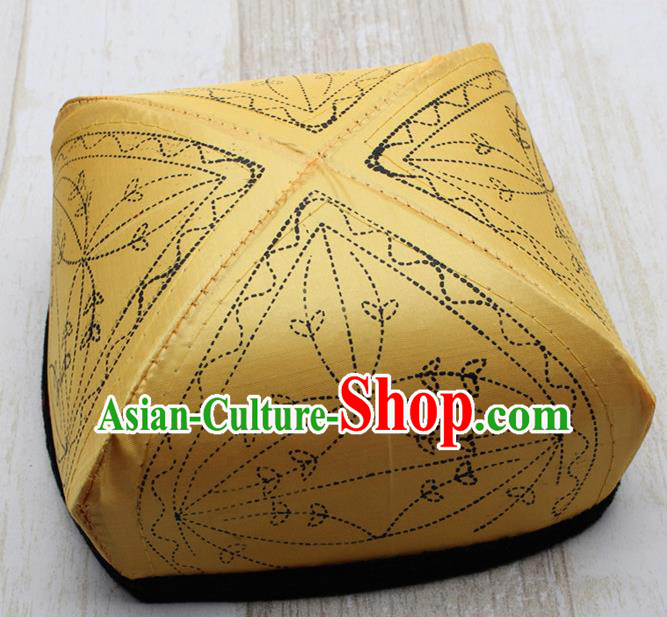 Chinese Traditional Uyghur Minority Yellow Silk Hat Ethnic Xinjiang Folk Dance Headwear for Men