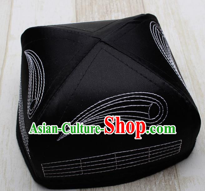 Chinese Traditional Uyghur Minority Black Silk Hat Ethnic Xinjiang Folk Dance Headwear for Men