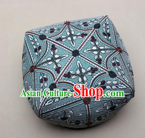 Chinese Traditional Uyghur Minority Dance Light Blue Hat Xinjiang Ethnic Headwear for Men