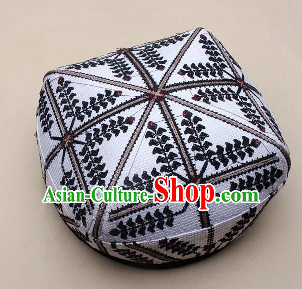 Chinese Traditional Uyghur Minority Dance White Hat Xinjiang Ethnic Headwear for Men