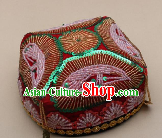 Handmade Chinese Traditional Uyghur Minority Beads Red Hat Ethnic Nationality Folk Dance Headwear for Women