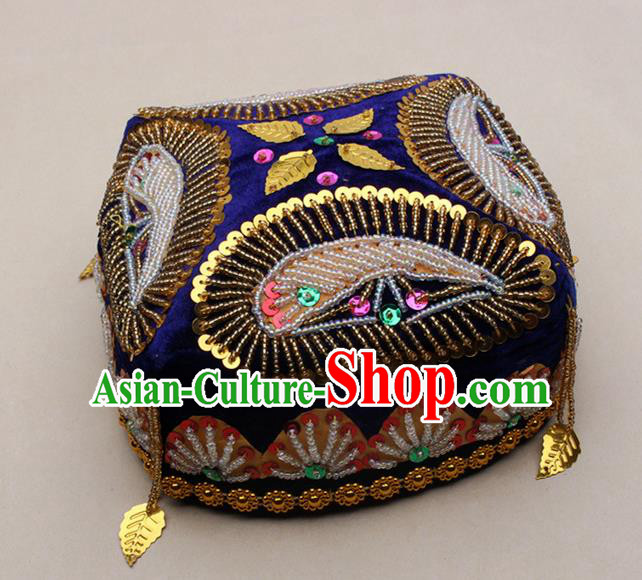 Handmade Chinese Traditional Uyghur Minority Beads Royalblue Hat Ethnic Nationality Folk Dance Headwear for Women