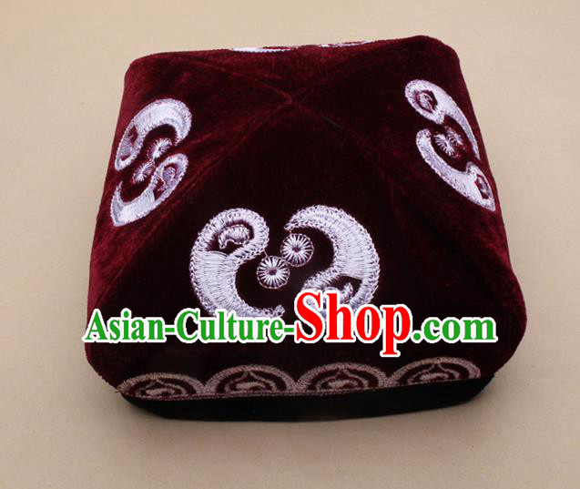 Chinese Traditional Uyghur Minority Dance Embroidered Wine Red Hat Xinjiang Ethnic Headwear for Men