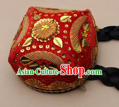 Handmade Chinese Traditional Uyghur Minority Dance Red Hat Ethnic Nationality Headwear for Women