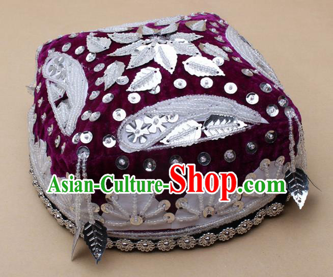 Handmade Chinese Traditional Uyghur Minority Dance Purple Hat Ethnic Nationality Headwear for Women