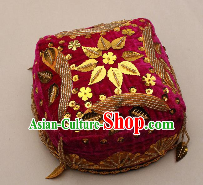 Handmade Chinese Traditional Uyghur Minority Dance Rosy Hat Ethnic Nationality Headwear for Women