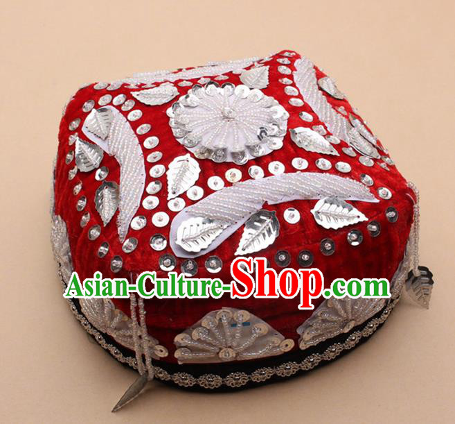 Handmade Chinese Traditional Uyghur Minority Dance Red Hat Ethnic Nationality Headwear for Women