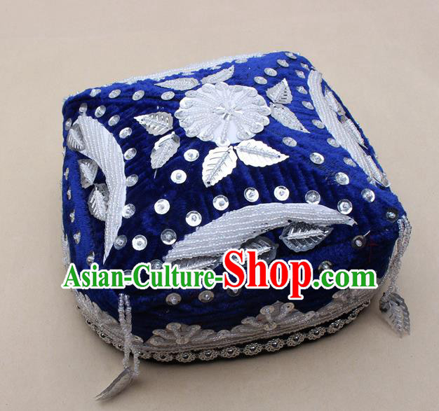 Handmade Chinese Traditional Uyghur Minority Dance Royalblue Hat Ethnic Nationality Headwear for Women