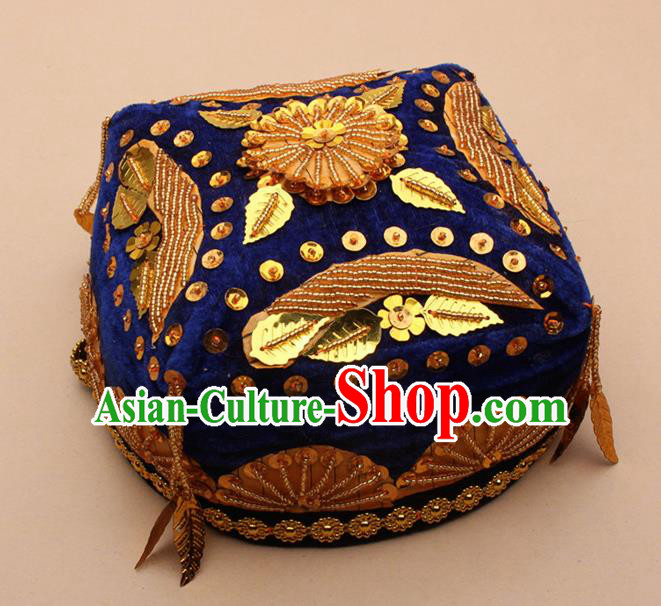 Handmade Chinese Traditional Uyghur Minority Dance Beads Royalblue Hat Ethnic Nationality Headwear for Women