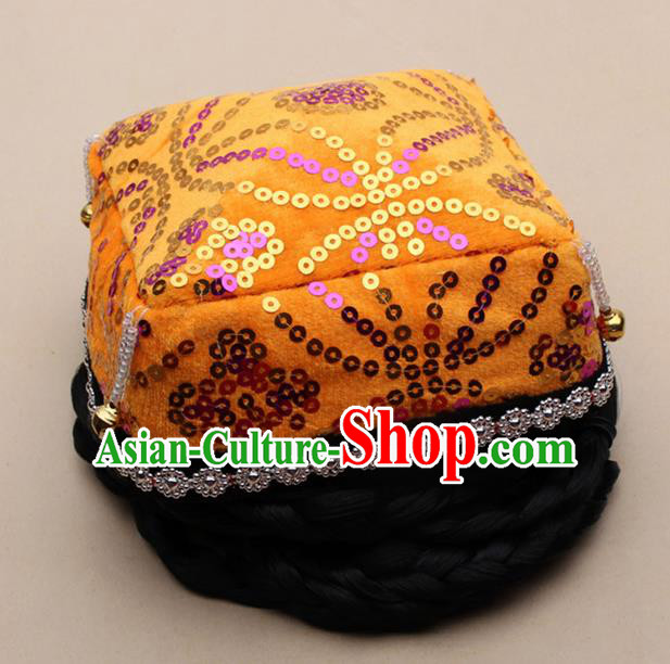 Chinese Traditional Uyghur Minority Dance Bells Yellow Hat Xinjiang Ethnic Nationality Headwear for Women