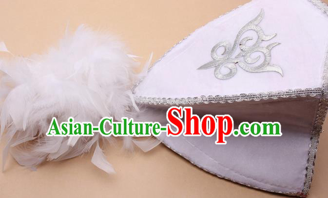 Handmade Chinese Traditional Kazak Minority Feather White Hat Ethnic Nationality Folk Dance Headwear for Women