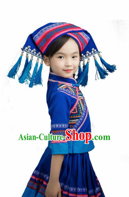 Chinese Traditional Zhuang Nationality Blue Blouse and Skirt Ethnic Minority Folk Dance Stage Show Costume for Kids