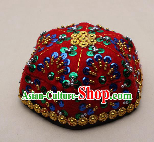 Chinese Traditional Xinjiang Ethnic Dance Paillette Red Hexagon Hat Uyghur Minority Nationality Headwear for Kids