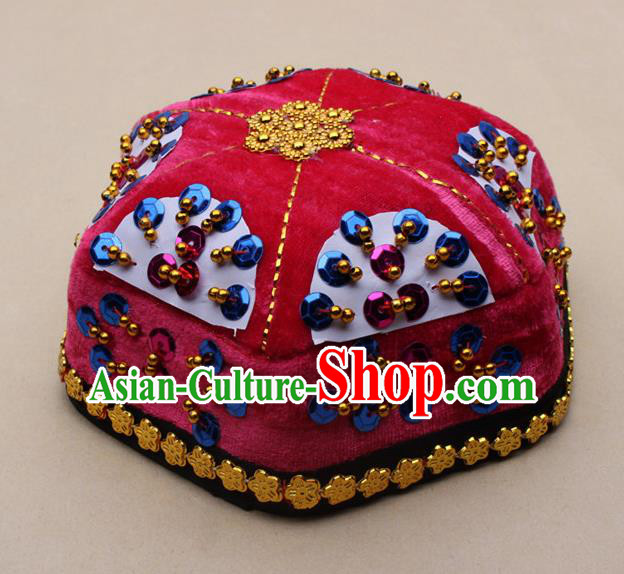 Chinese Traditional Xinjiang Ethnic Dance Paillette Rosy Hexagon Hat Uyghur Minority Nationality Headwear for Kids