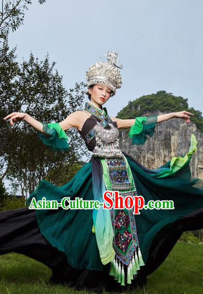 Traditional Chinese Miao Nationality Green Dress Guizhou Ethnic Folk Dance Stage Show Costume for Women