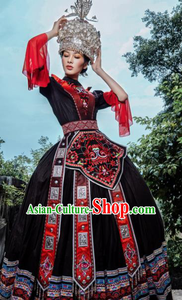 Traditional Chinese Miao Nationality Brown Dress Guizhou Ethnic Folk Dance Stage Show Costume for Women