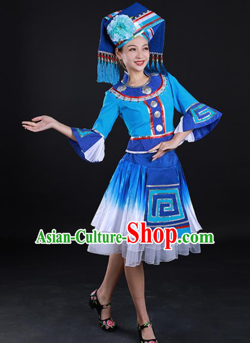 Traditional Chinese Zhuang Nationality Liu Sanjie Blue Dress Guangxi Ethnic Folk Dance Stage Show Costume for Women