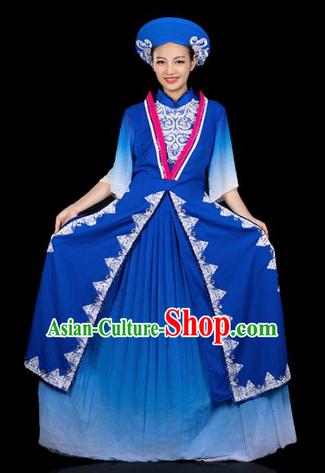 Traditional Chinese Jing Nationality Ha Festival Deep Blue Dress Ethnic Folk Dance Stage Show Costume for Women