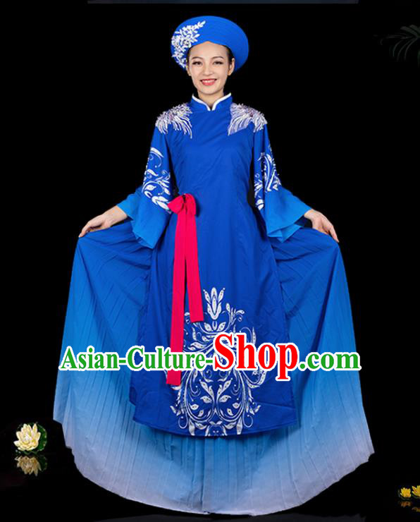 Traditional Chinese Jing Nationality Deep Blue Dress Ethnic Ha Festival Folk Dance Stage Show Costume for Women