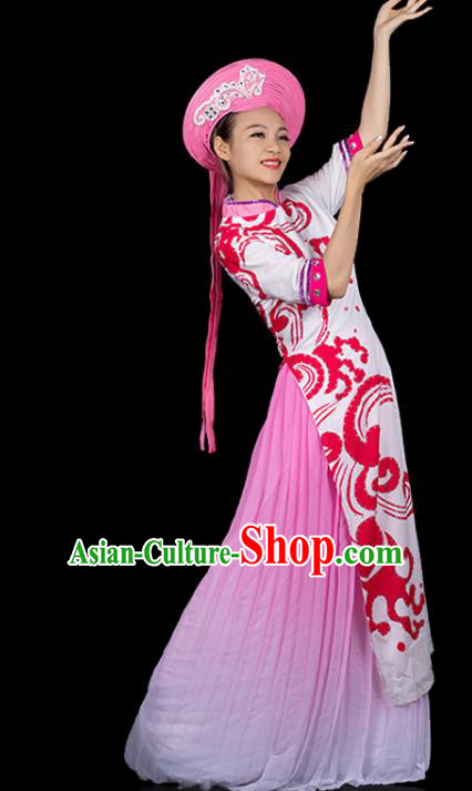 Traditional Chinese Jing Nationality Pink Qipao Dress Ethnic Ha Festival Folk Dance Stage Show Costume for Women