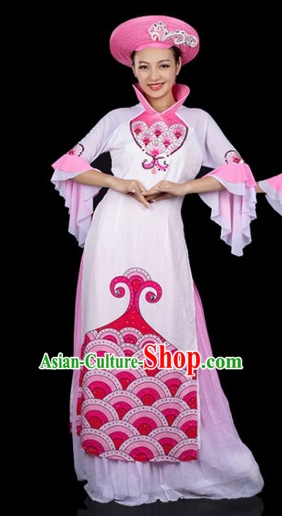 Traditional Chinese Jing Nationality Stand Collar Pink Dress Ethnic Ha Festival Folk Dance Stage Show Costume for Women