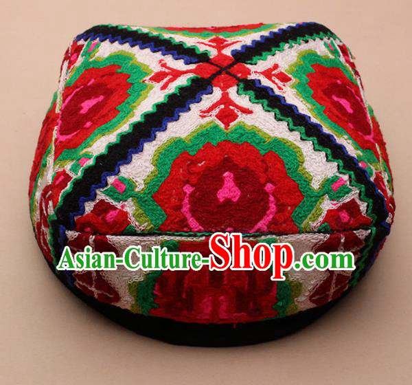 Chinese Traditional Uyghur Minority Embroidered Red Rose Hat Ethnic Nationality Folk Dance Stage Show Headwear for Women