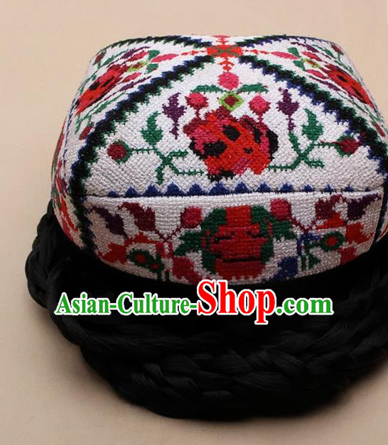 Chinese Traditional Uyghur Minority Embroidered Rose White Hat Ethnic Nationality Folk Dance Stage Show Headwear for Women